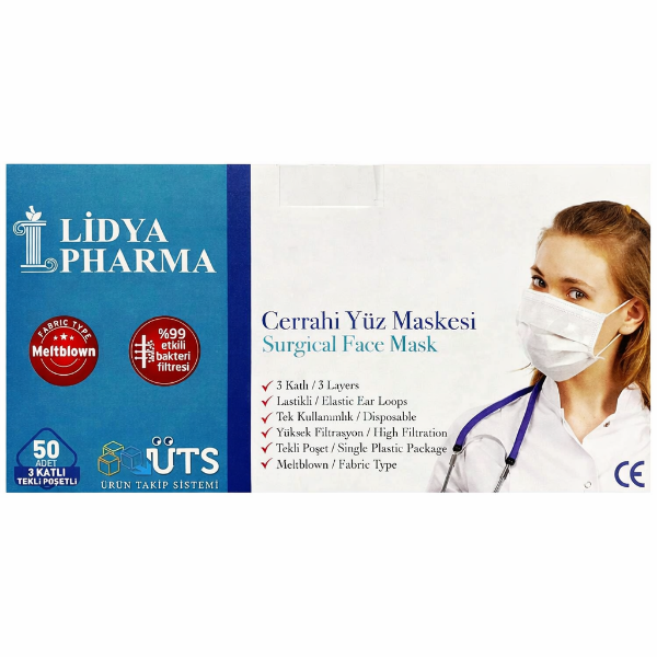 Lidya Pharma 3 Katlı Tekli Poşetlenmiş Beyaz Cerrahi Maske Telli 50'li